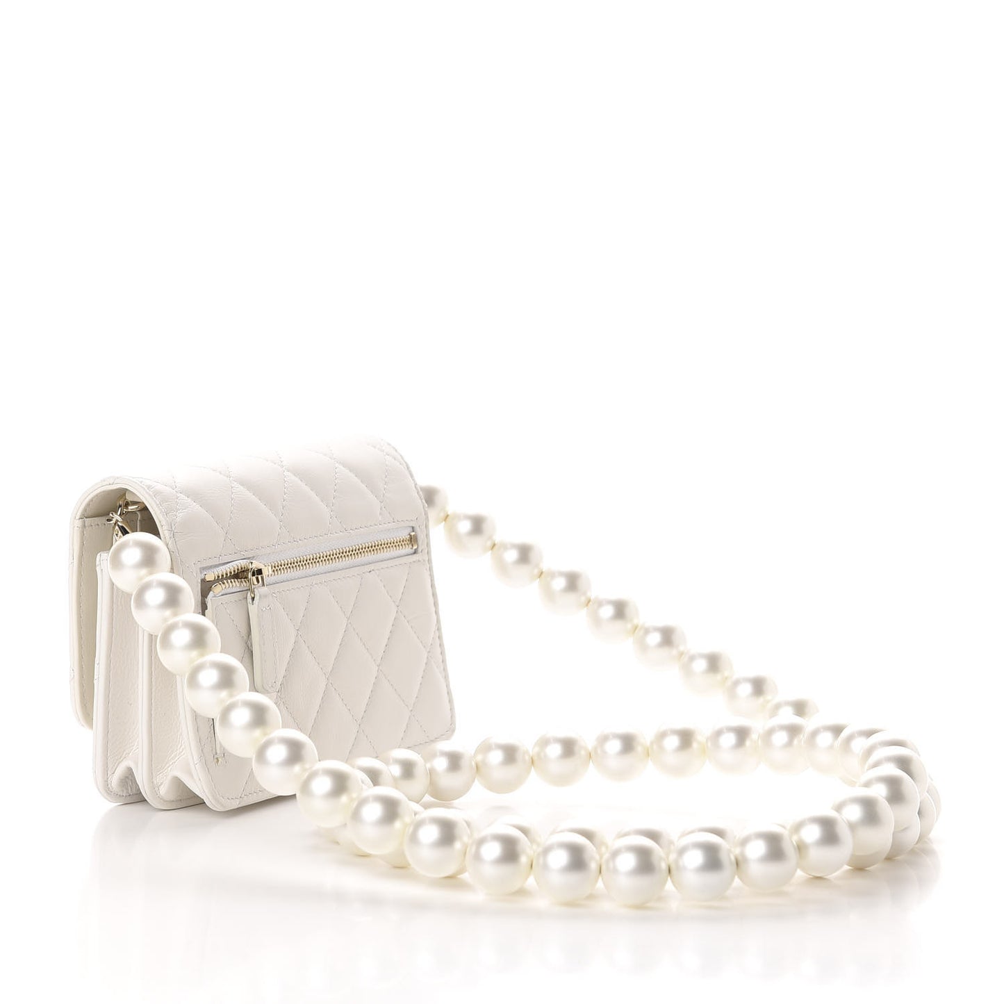 Calfskin Quilted CC Pearl Mini Wallet On Chain Flap White