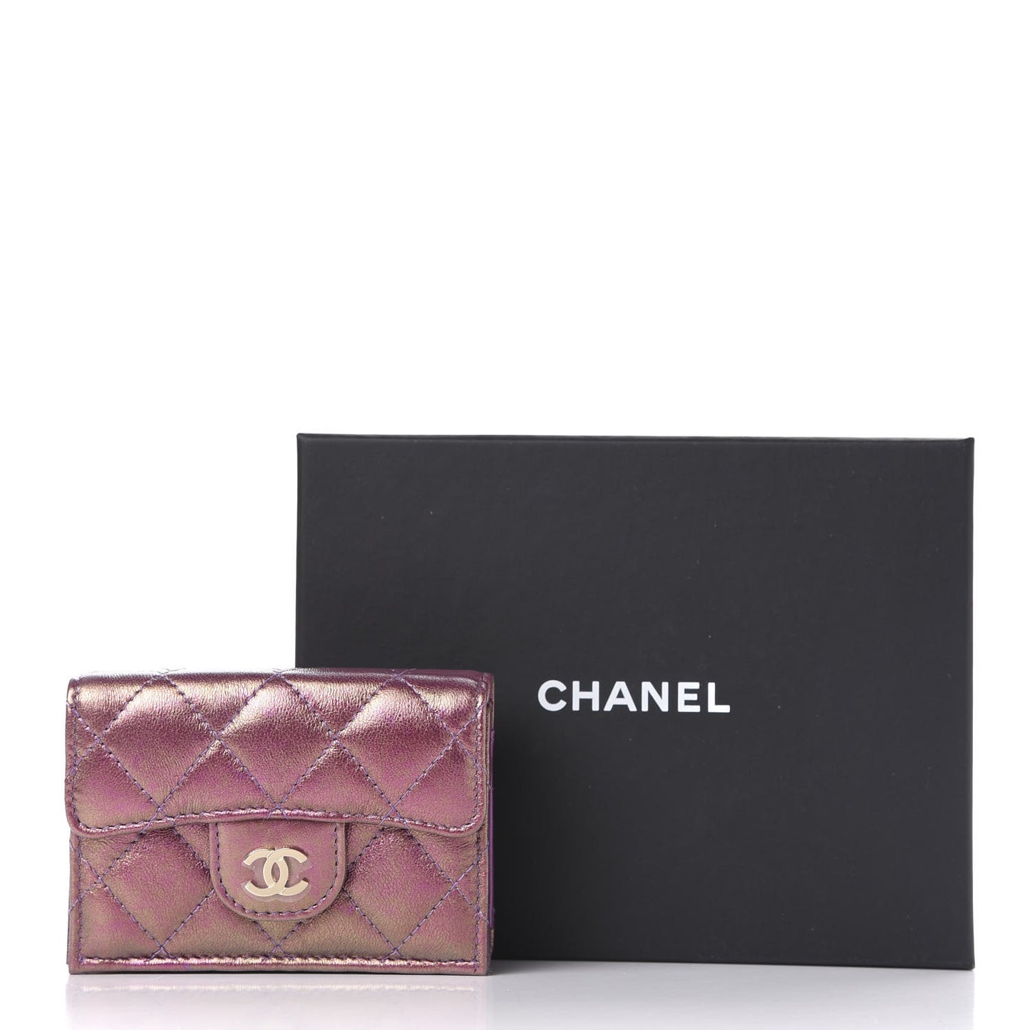 Iridescent Lambskin Small Quilted Flap Wallet Purple