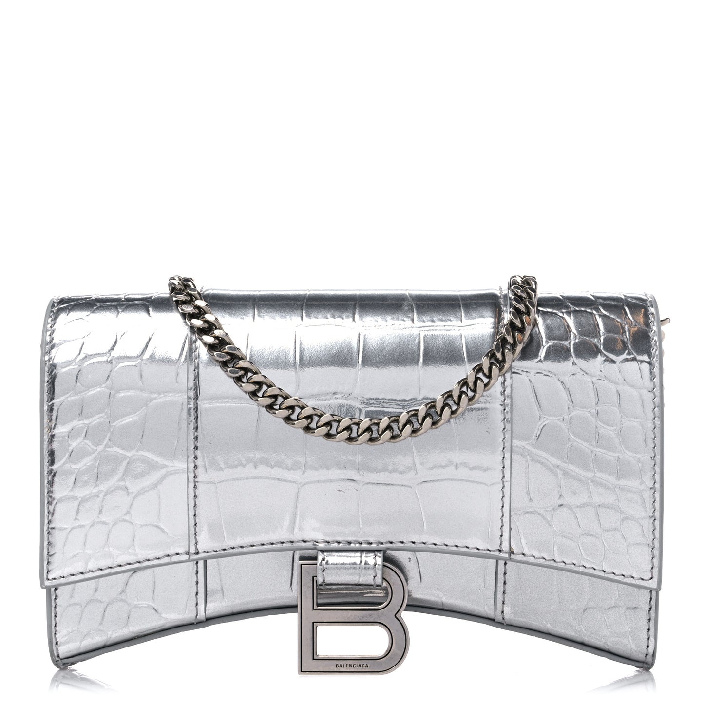 Metallic Calfskin Crocodile Embossed Hourglass Chain Bag Silver