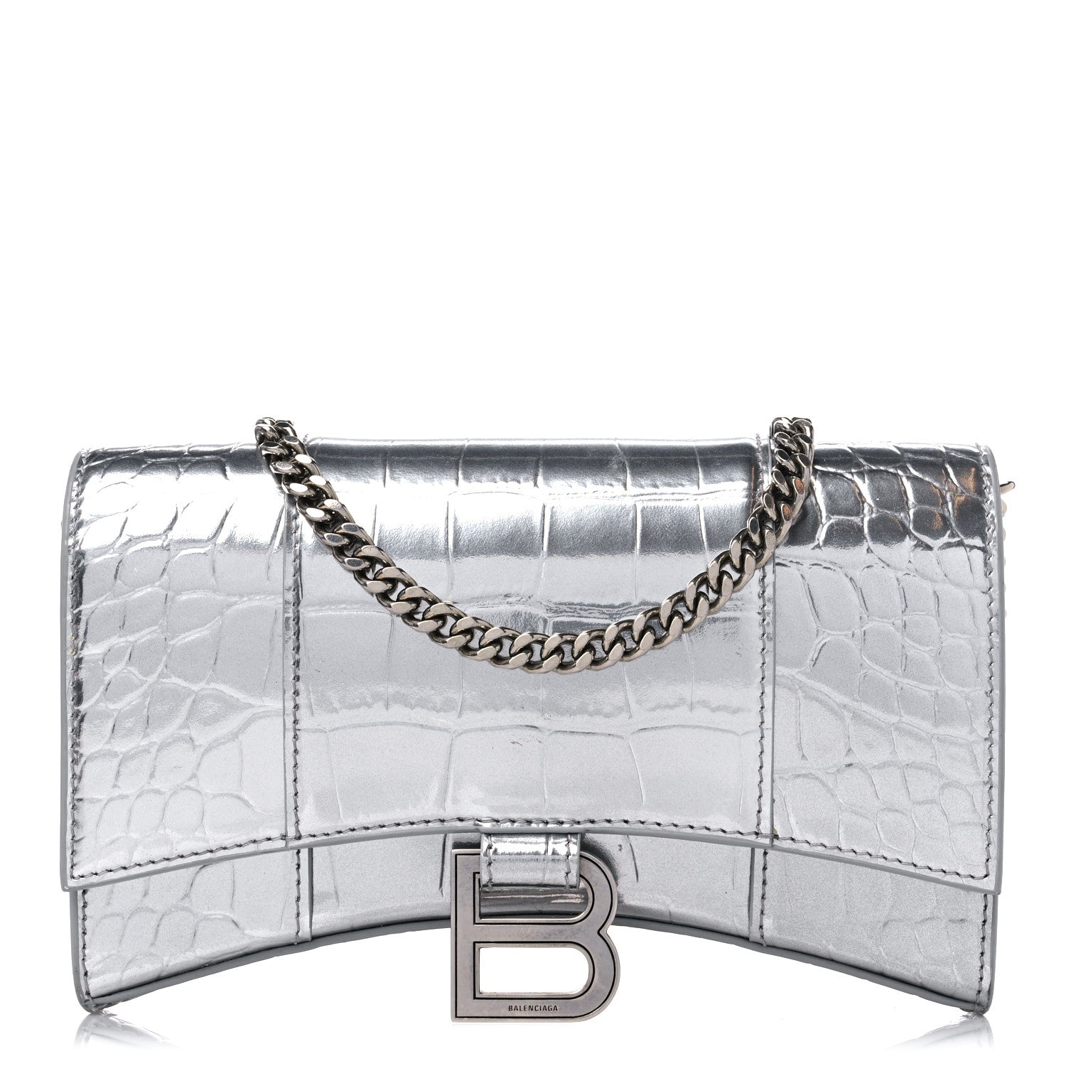 Balenciaga Metallic Calfskin Crocodile Embossed Hourglass Chain Bag Silver 1 of 12