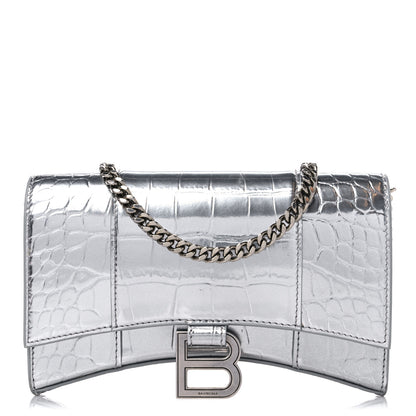 Balenciaga Metallic Calfskin Crocodile Embossed Hourglass Chain Bag Silver 1 of 12
