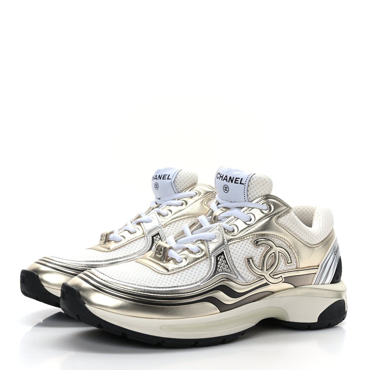 Fabric Laminated Calfskin Stretch CC Womens Sneakers 40 White Gold Silver