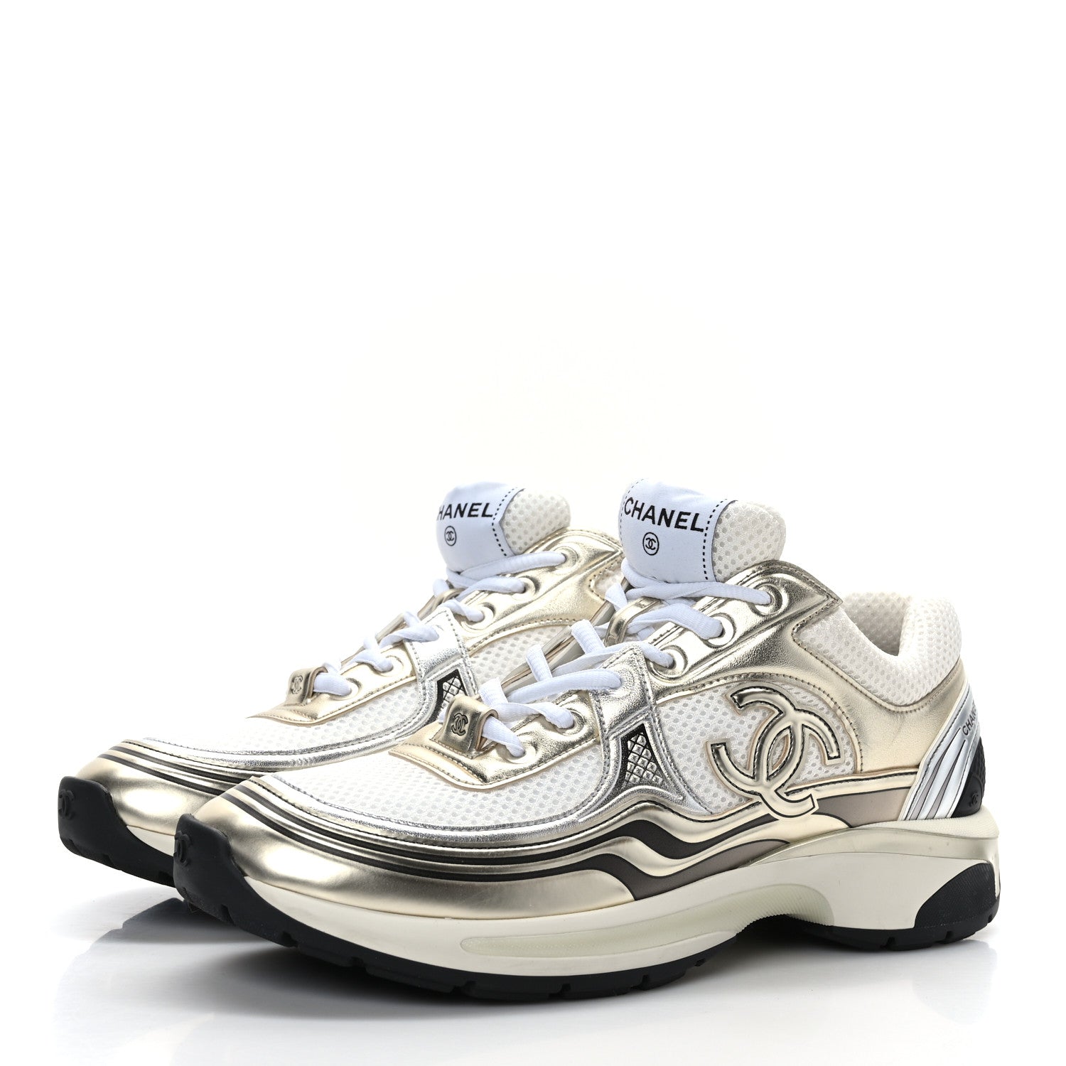 Chanel Fabric Laminated Calfskin Stretch CC Womens Sneakers 40 White Gold Silver 3 of 7