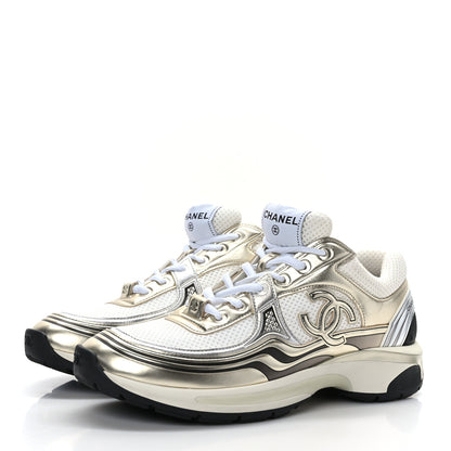 Chanel Fabric Laminated Calfskin Stretch CC Womens Sneakers 40 White Gold Silver 3 of 7