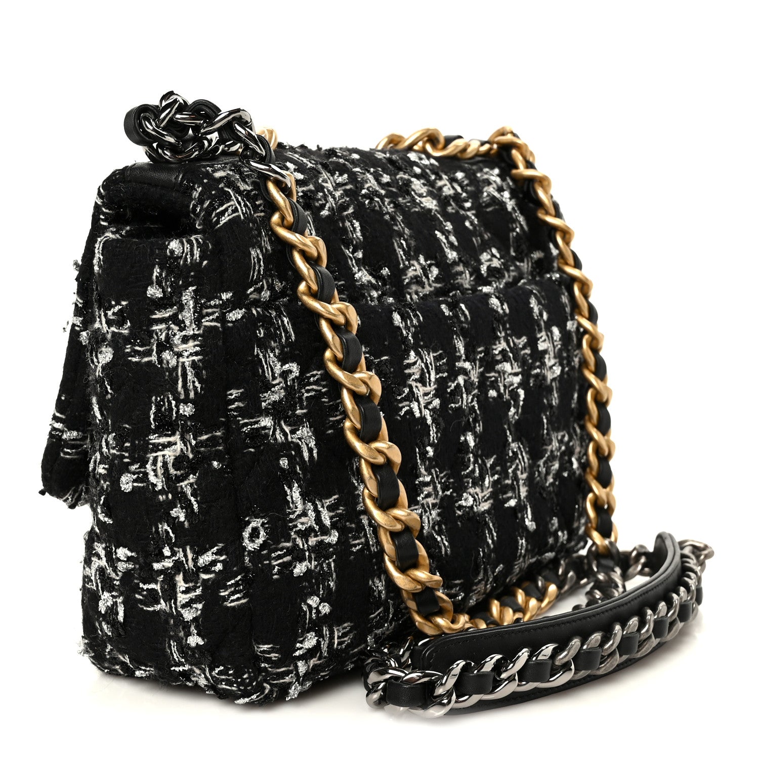 Chanel Tweed Quilted Medium Chanel 19 Flap Black Silver Ecru 3 of 10