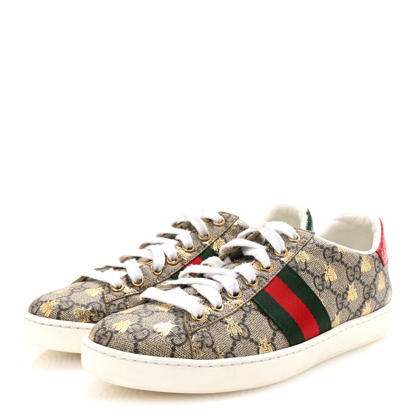 GG Supreme Monogram Bees Ayers Web Womens Ace Sneakers 37 Beige Oro Green Red