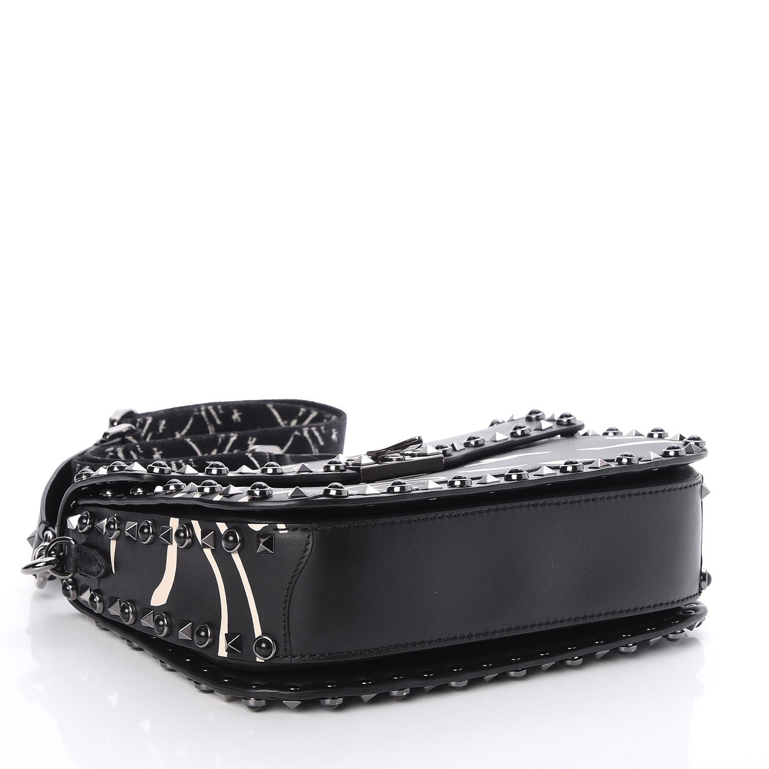Valentino Garavani Calfskin Panther Medium Guitar Strap Rockstud Rolling Flap Saddle Bag Black 4 of 6