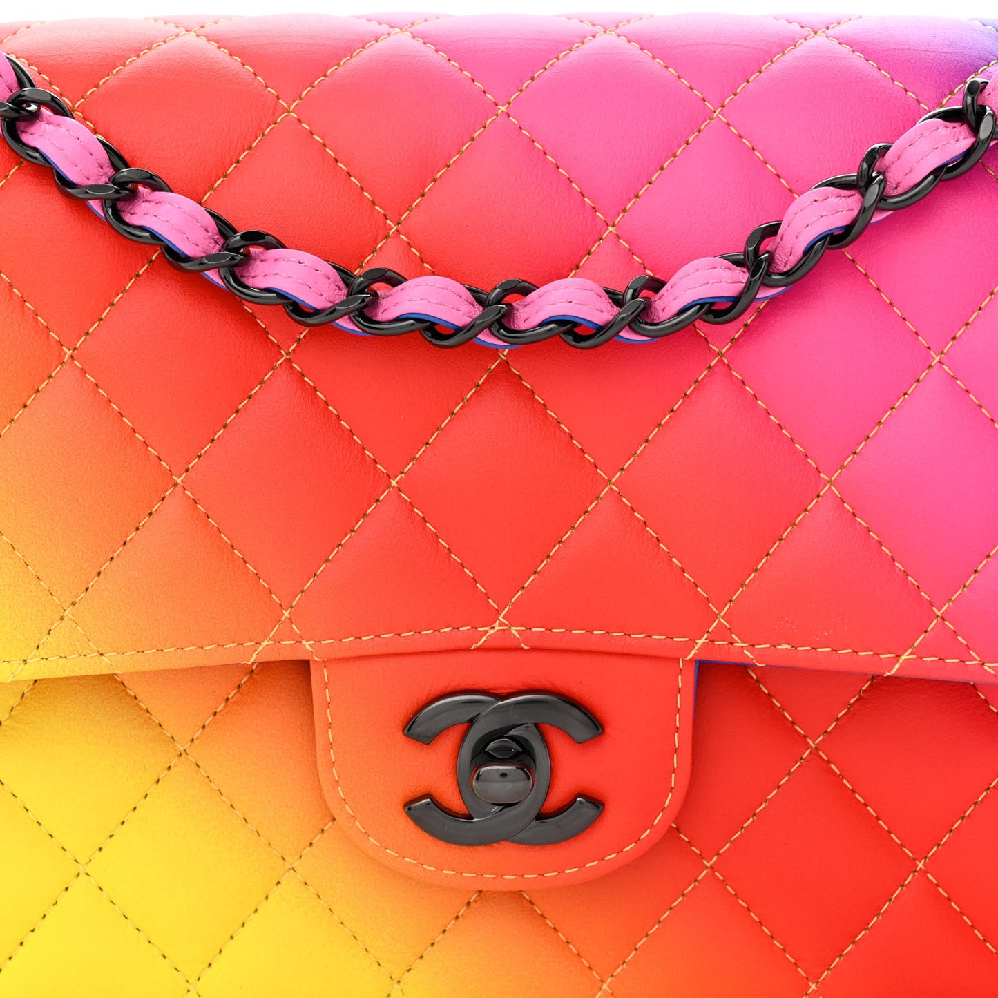 Calfskin Quilted Medium Rainbow Double Flap Multicolor