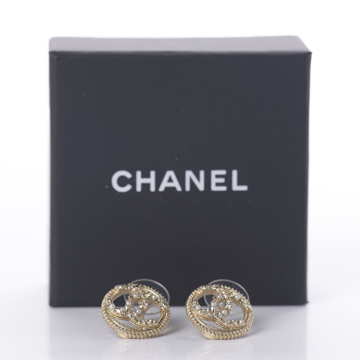 Pearl Crystal CC Round Earrings Gold