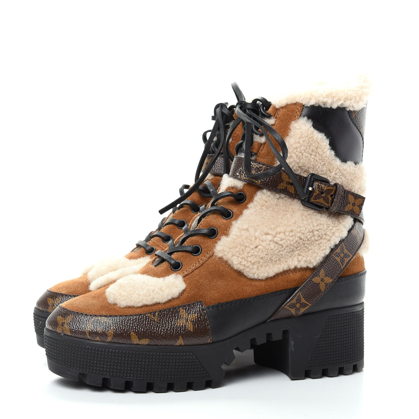 Suede Calfskin Shearling Monogram Laureate Platform Desert Boots 39 Cognac
