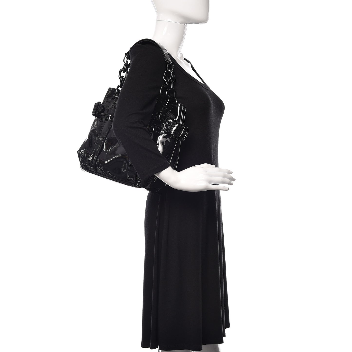 Patent Calfskin Chain Tote Black