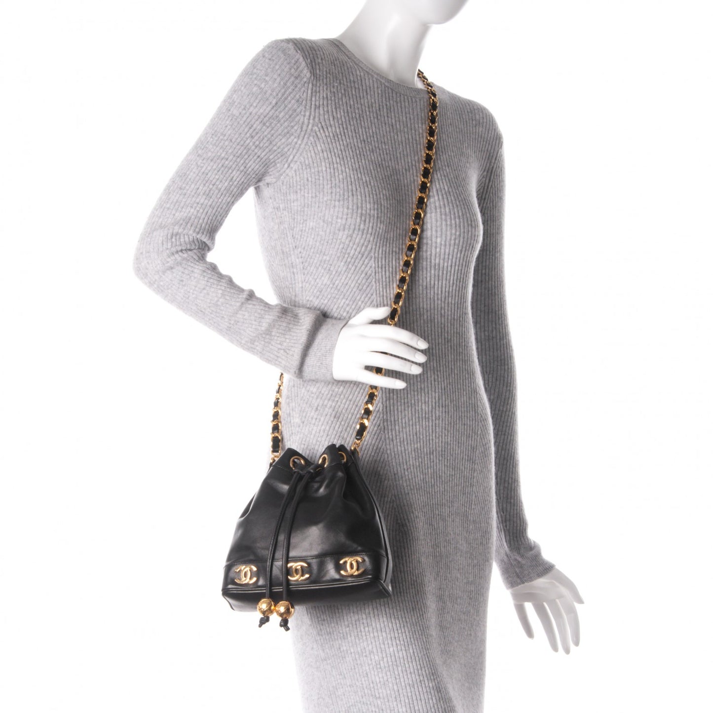 Lambskin CC Drawstring Shoulder Bag Black