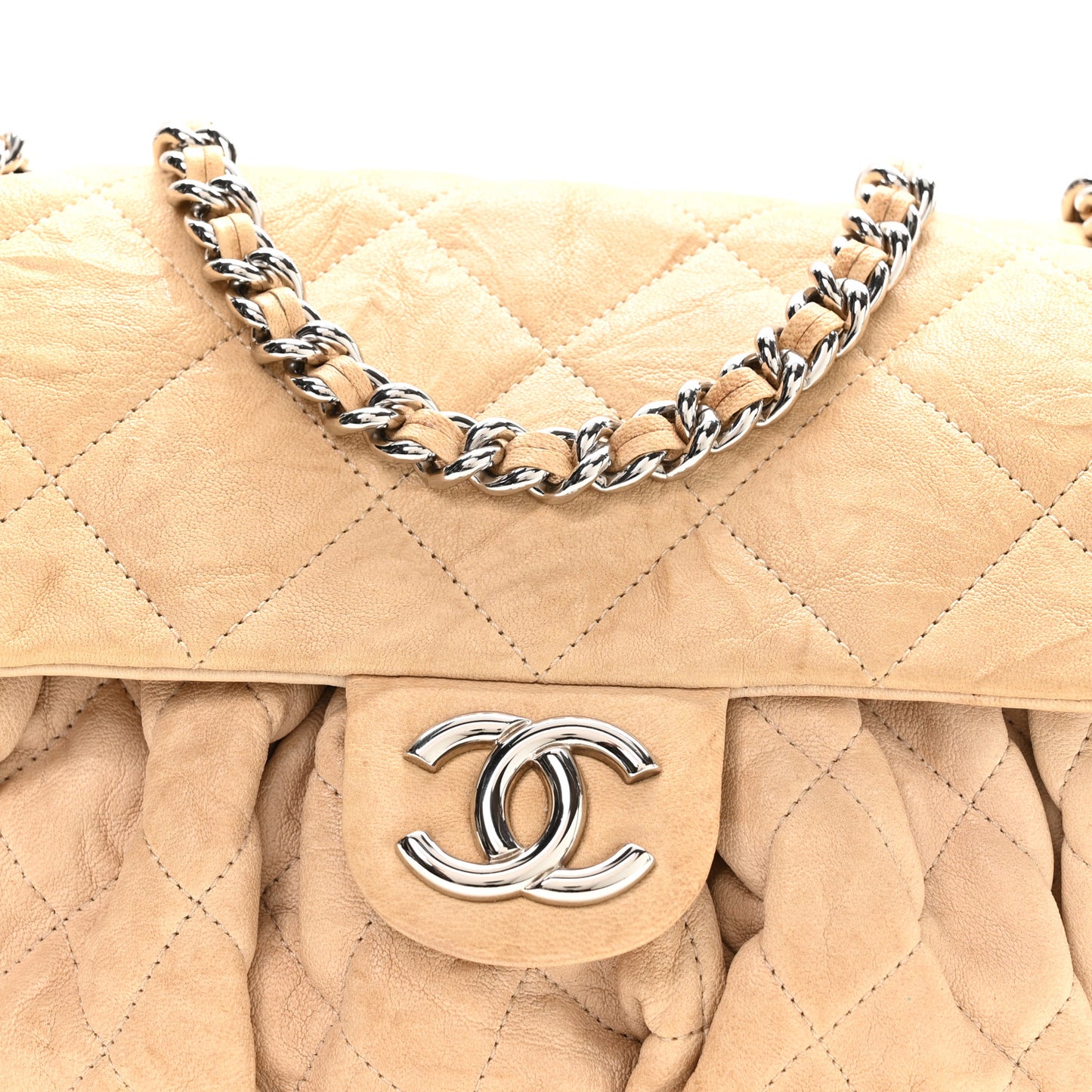 Washed Lambskin Quilted Medium Chain Around Messenger Beige