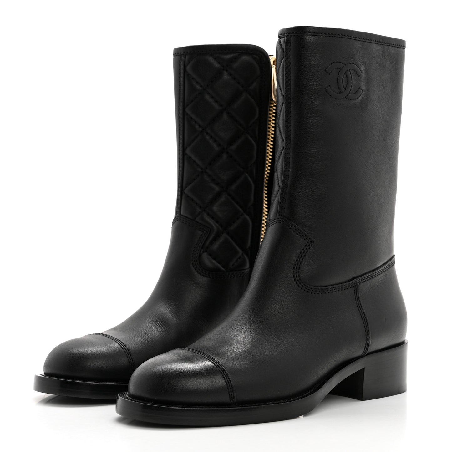 Calfskin Quilted CC Logo Mid Calf Boots 36 Black