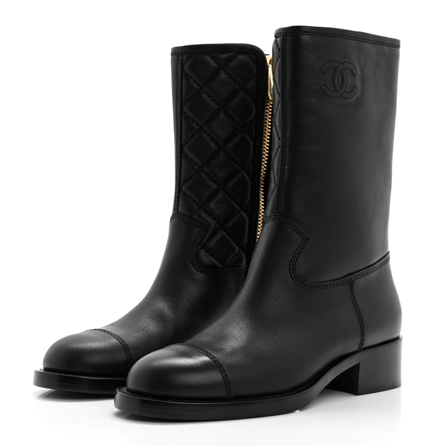 Chanel Calfskin Quilted CC Logo Mid Calf Boots 36 Black 3 of 9