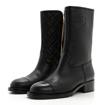 Chanel Calfskin Quilted CC Logo Mid Calf Boots 36 Black 3 of 9