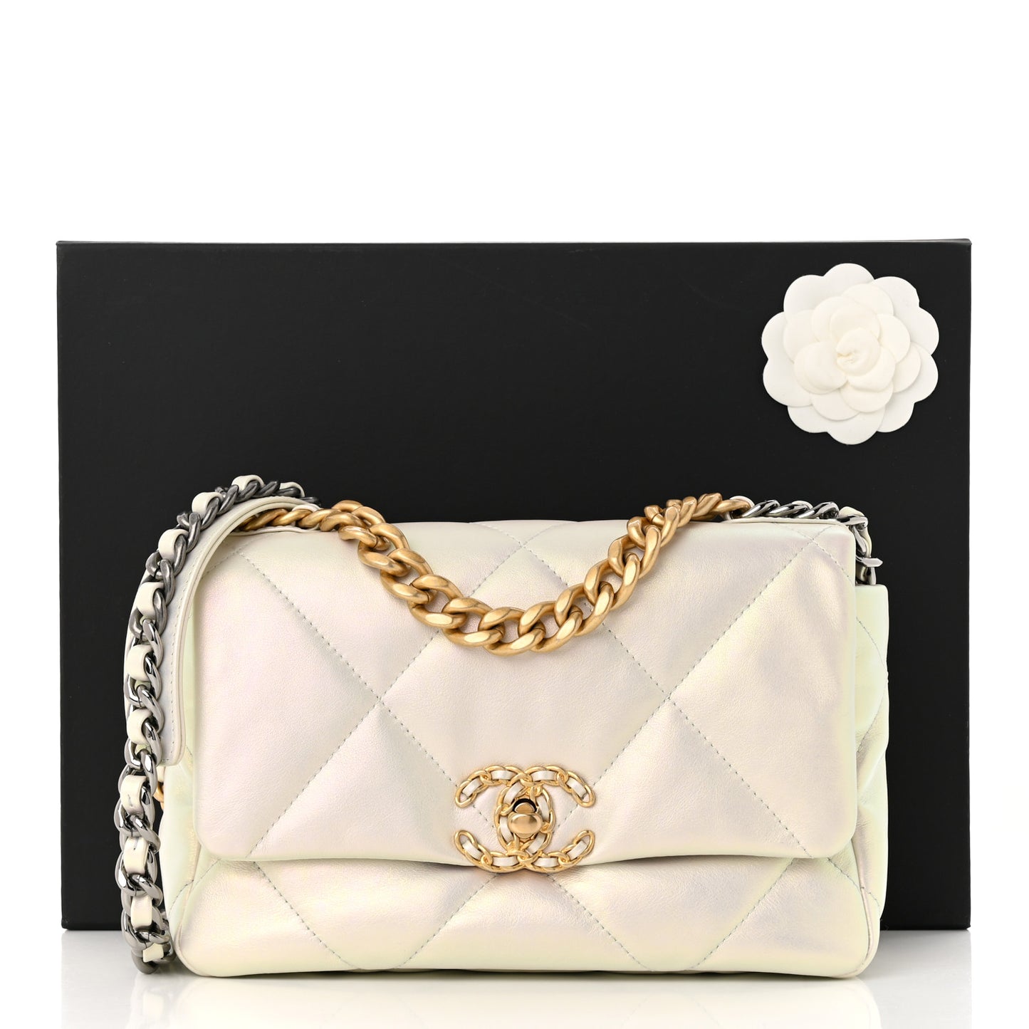 Iridescent Calfskin Quilted Medium Chanel 19 Flap White