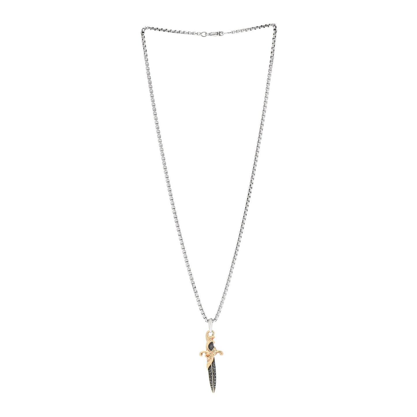 Sterling Silver 18K Yellow Gold Black Diamond Waves Dagger Amulet Pendant Necklace