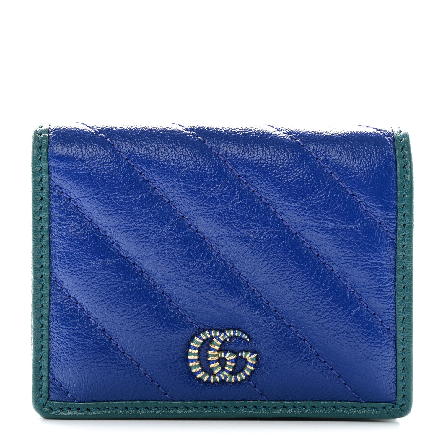 Gucci Azalea Calfskin Enamel Matelasse Diagonal Torchon GG Marmont Card Case Imperial Blue Pavone 1 of 9