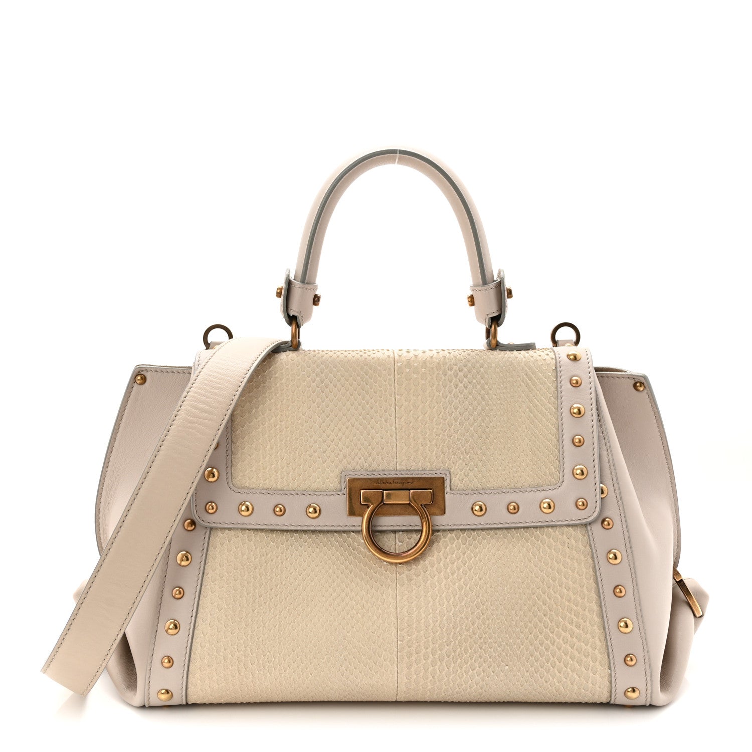 Salvatore Ferragamo Snakeskin Studded Medium Sofia Satchel Beige White 1 of 9