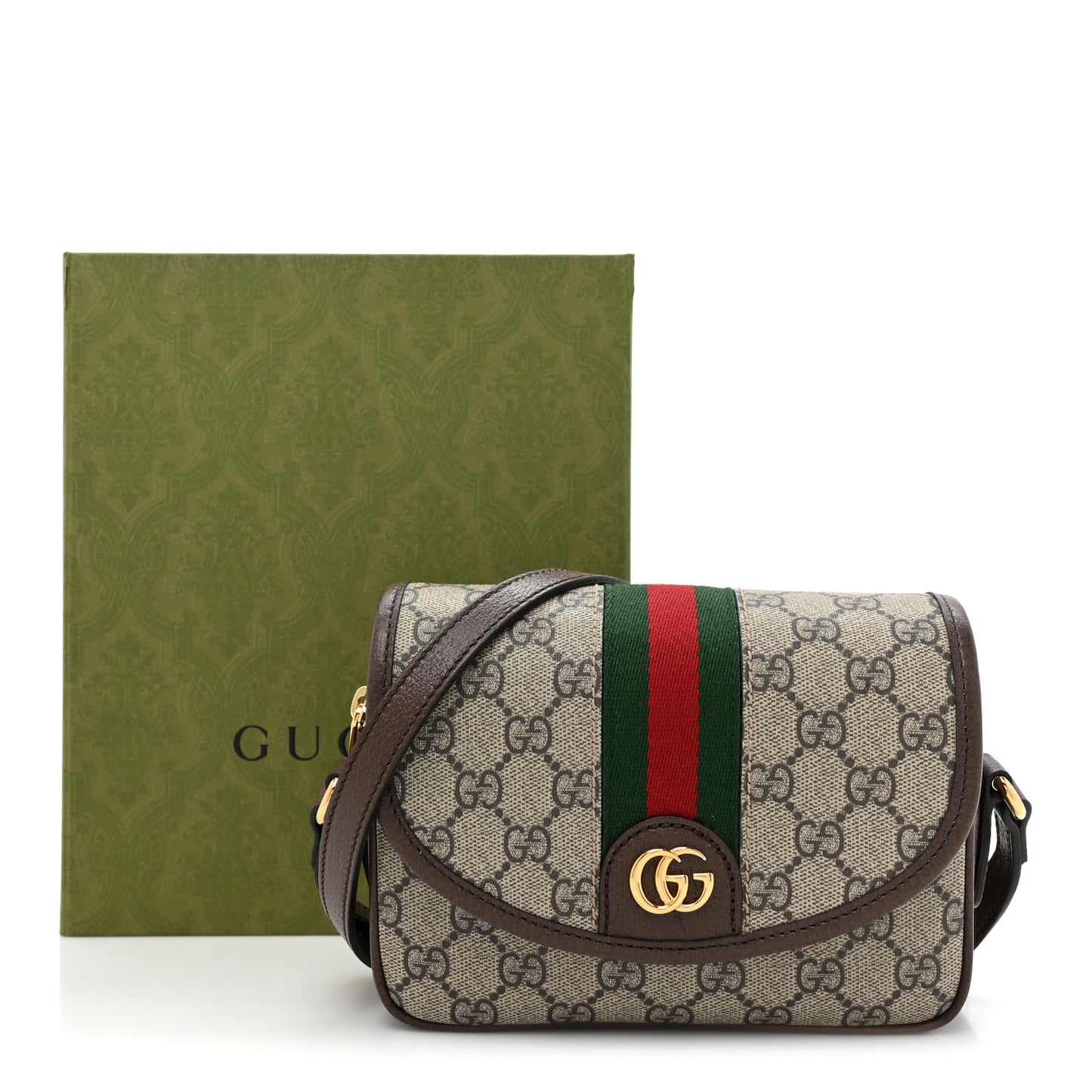 GG Supreme Monogram Textured Dollar Calfskin Mini Ophidia Flap Shoulder Bag Beige Ebony New Acero