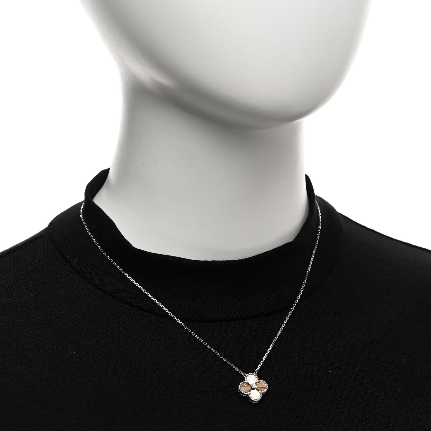 Van Cleef & Arpels 18K White Rose Gold Diamond Guilloche Vintage Alhambra Pendant Necklace 2 of 5