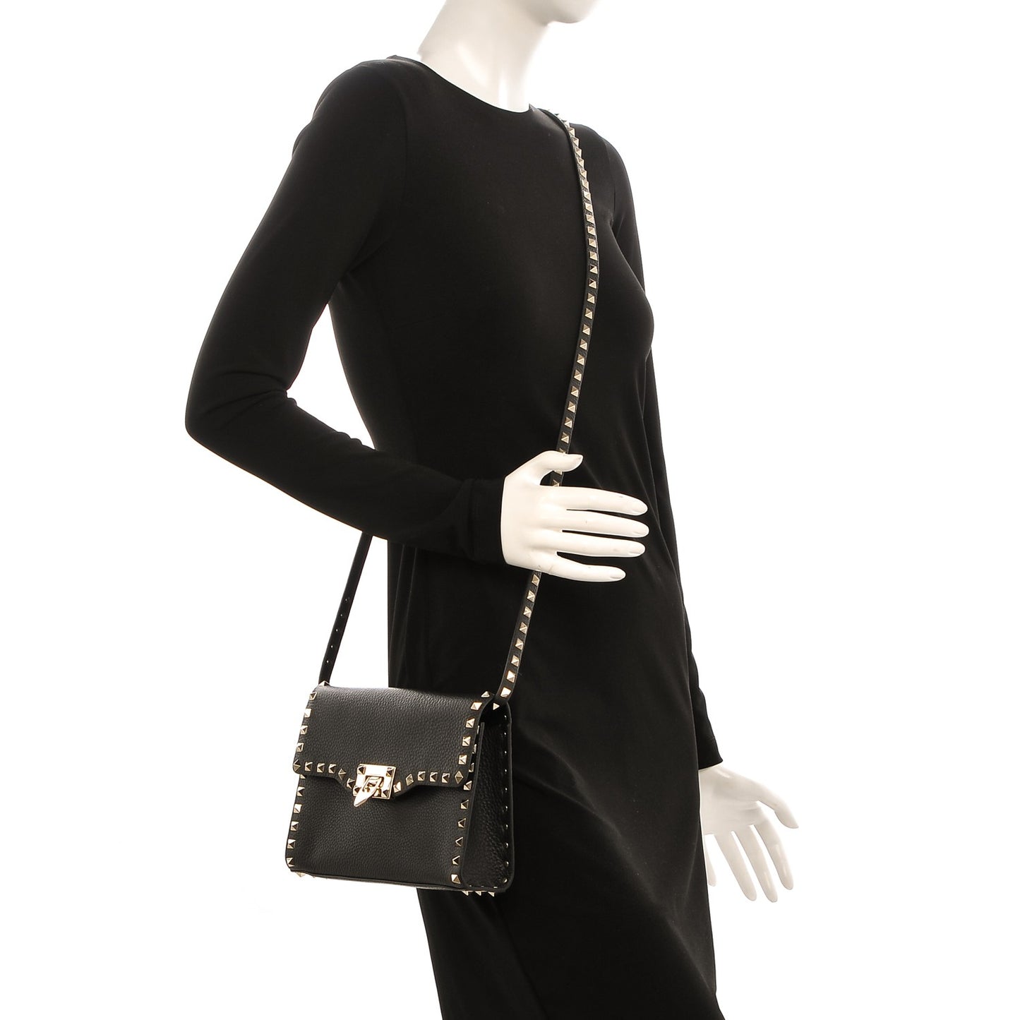 Pebbled Calfskin Medium Rockstud Flip Lock Crossbody Bag Black