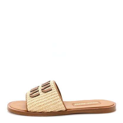 Miu Miu Stuoia Raffia Calfskin Logo Sandals 36 Naturale 1 of 9