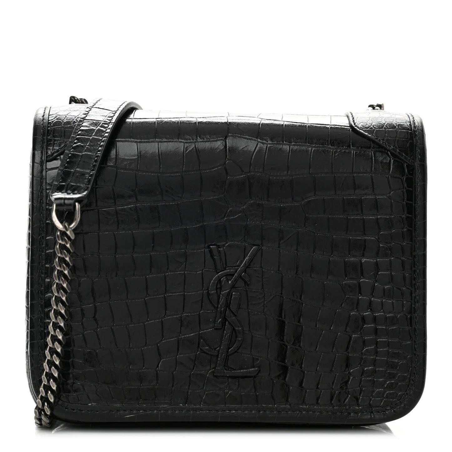 Crocodile Embossed Lambskin Matelasse Monogram Niki Chain Wallet Black