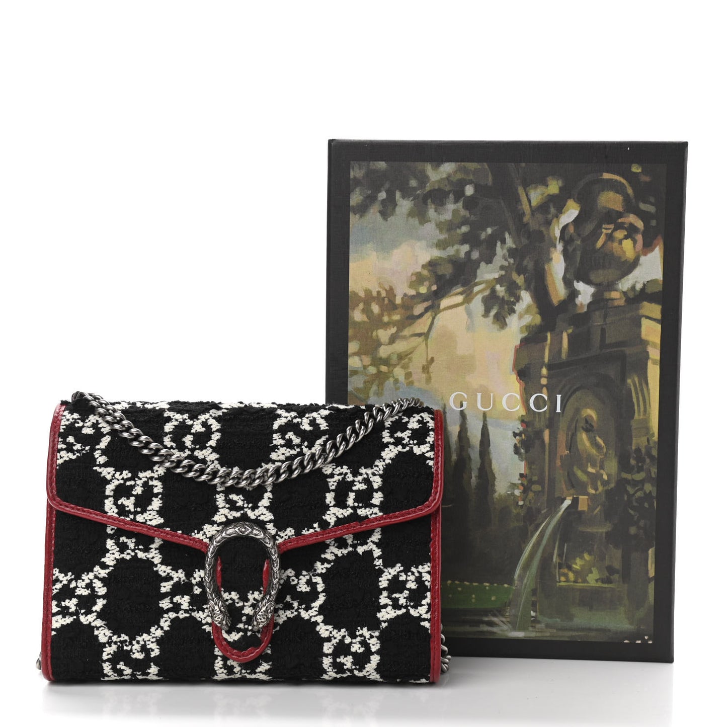 Tweed GG Monogram Mini Dionysus Chain Wallet Black White Romantic Cherry