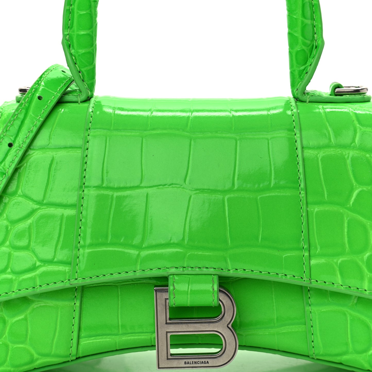 Shiny Calfskin Crocodile Embossed Hourglass Top Handle Bag XS Fluo Green