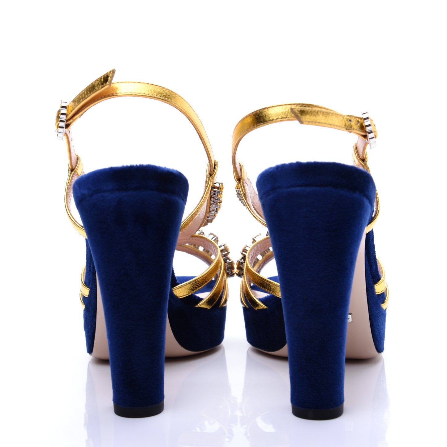 Velvet Nappa Crystal Zephyra Slingback Platform High Heel Sandals 36.5 Blue Gold