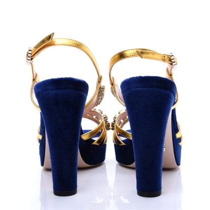 Gucci Velvet Nappa Crystal Zephyra Slingback Platform High Heel Sandals 36.5 Blue Gold 4 of 12