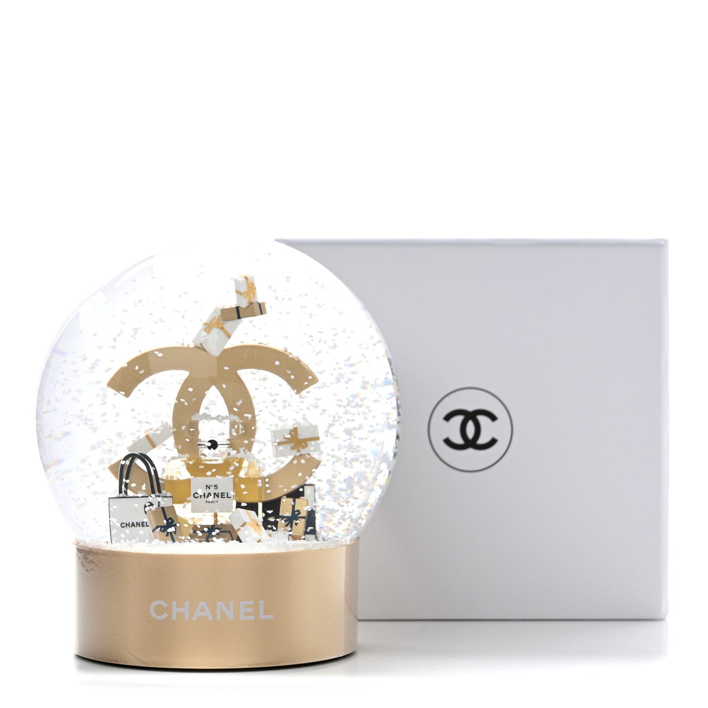 Glass CC Shopping Bag Snow Globe Gold
