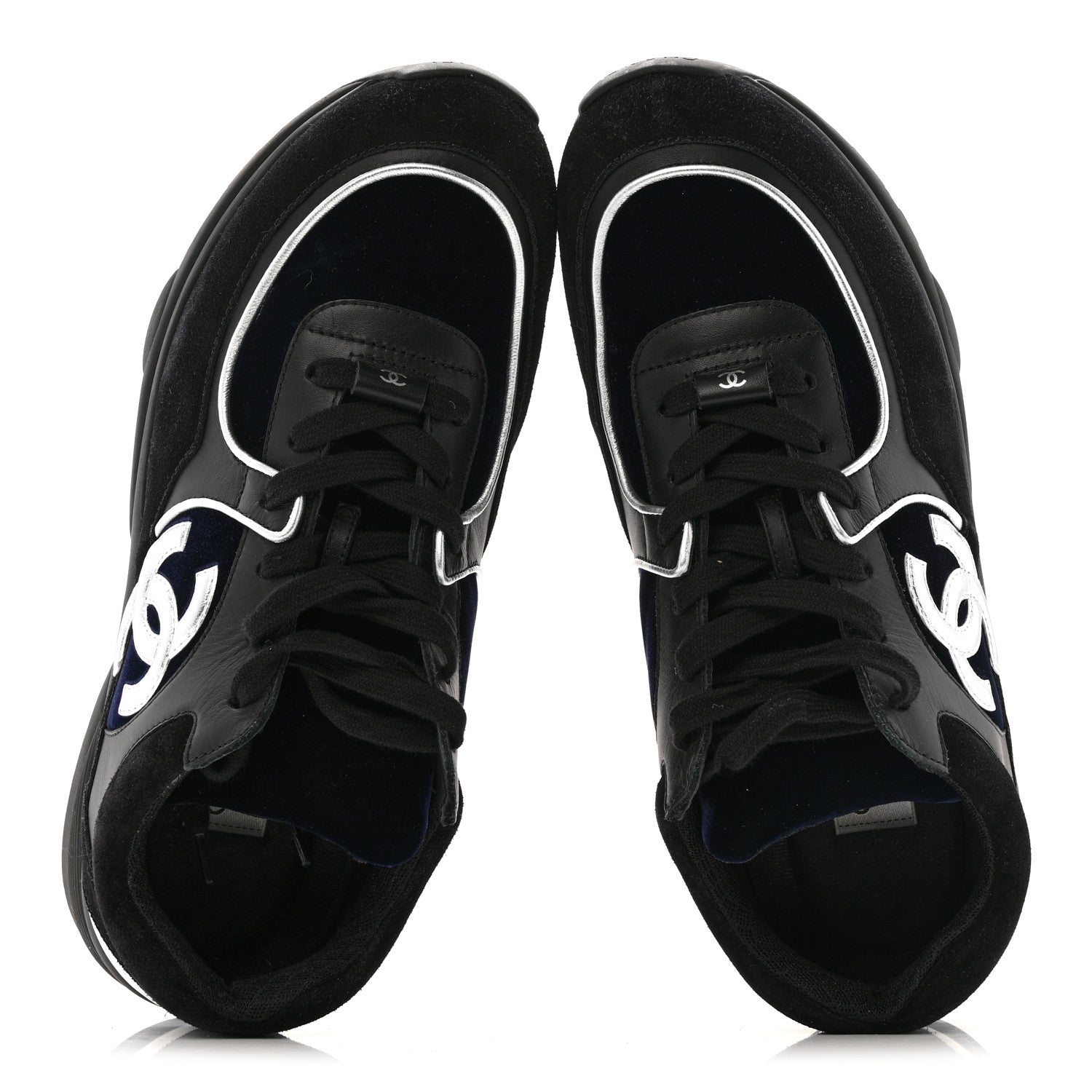 Chanel Suede Velvet Lambskin Mens CC Sneakers 44 Black Blue Silver 2 of 11