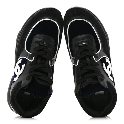 Chanel Suede Velvet Lambskin Mens CC Sneakers 44 Black Blue Silver 2 of 11
