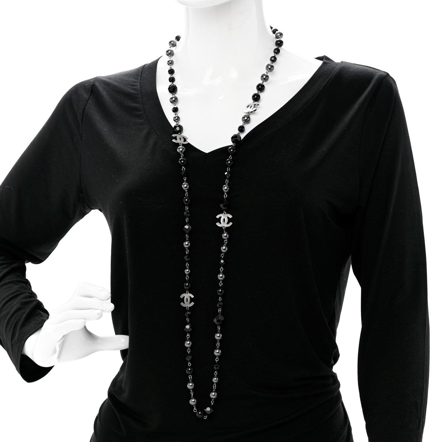 Ruthenium Pearl Beaded CC Long Necklace Black
