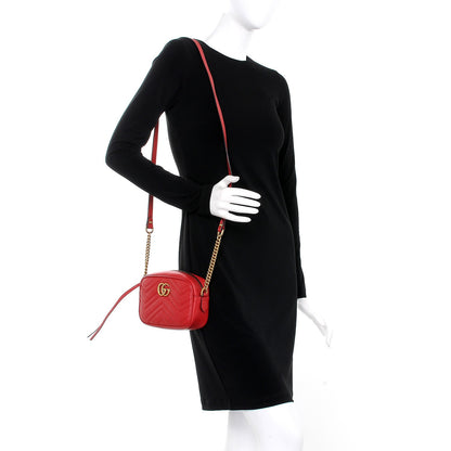 Gucci Calfskin Matelasse Mini GG Marmont Chain Shoulder Bag Hibiscus Red 2 of 7