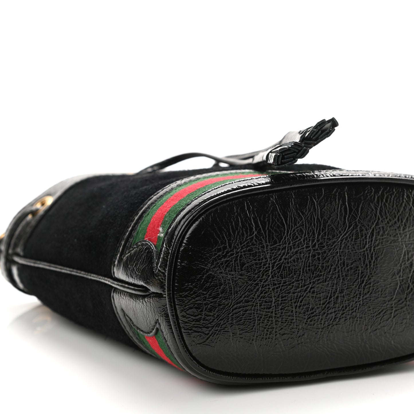 Suede Patent Web Mini Ophidia Bucket Bag Black