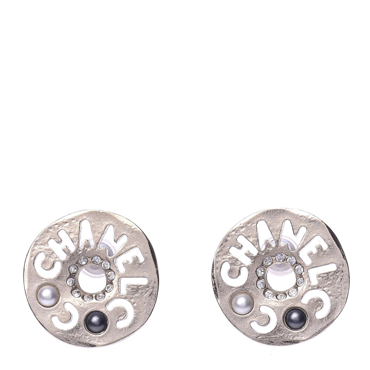 Chanel Crystal Pearl Papyrus Stud Earrings Gold Grey 1 of 5