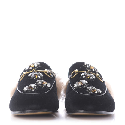 Gucci Velvet Fur Crystal Embroidered Womens Princetown Slippers 37.5 Black 2 of 9