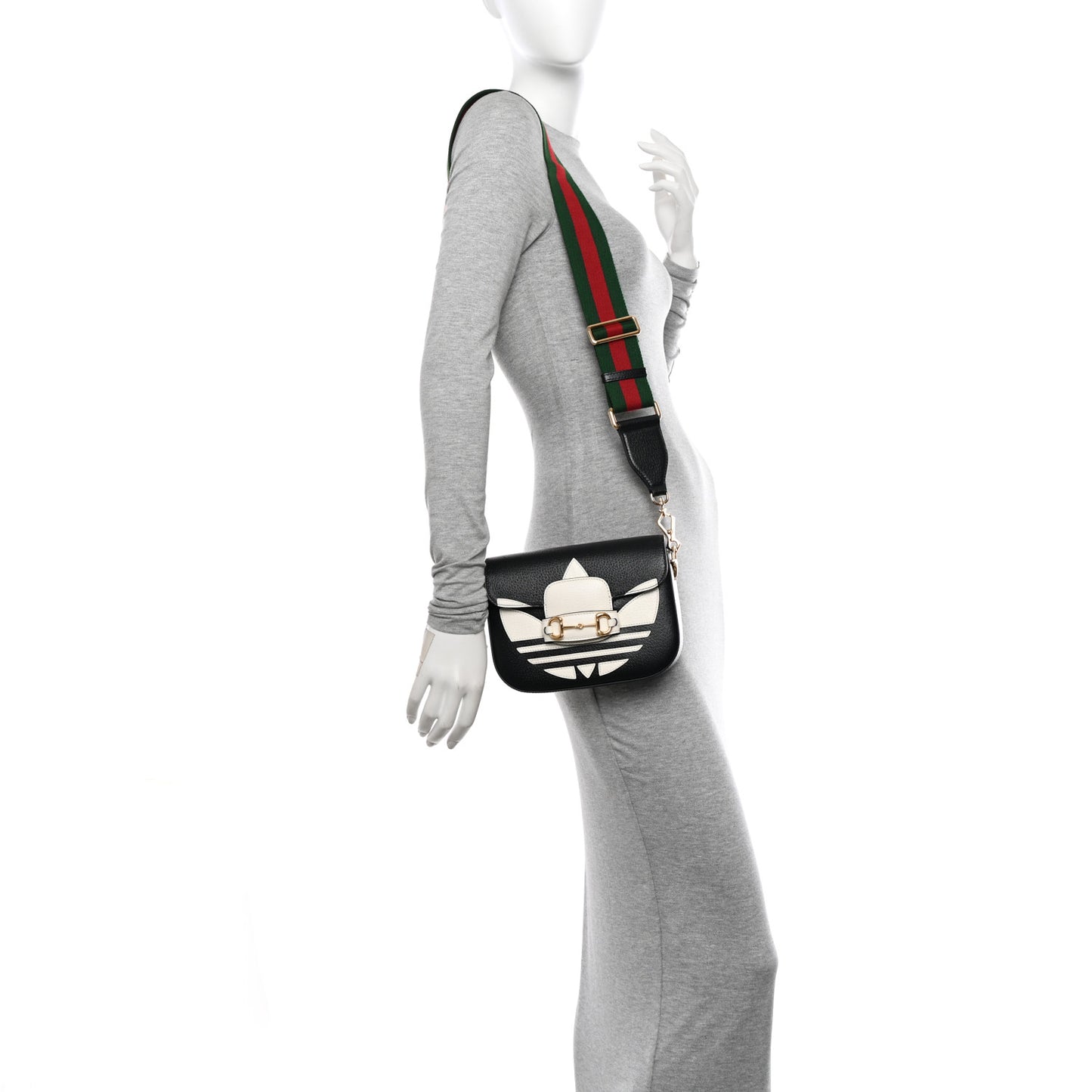 X ADIDAS Textured Dollar Calfskin Web Trefoil Mini Horsebit 1955 Shoulder Bag Black Off White