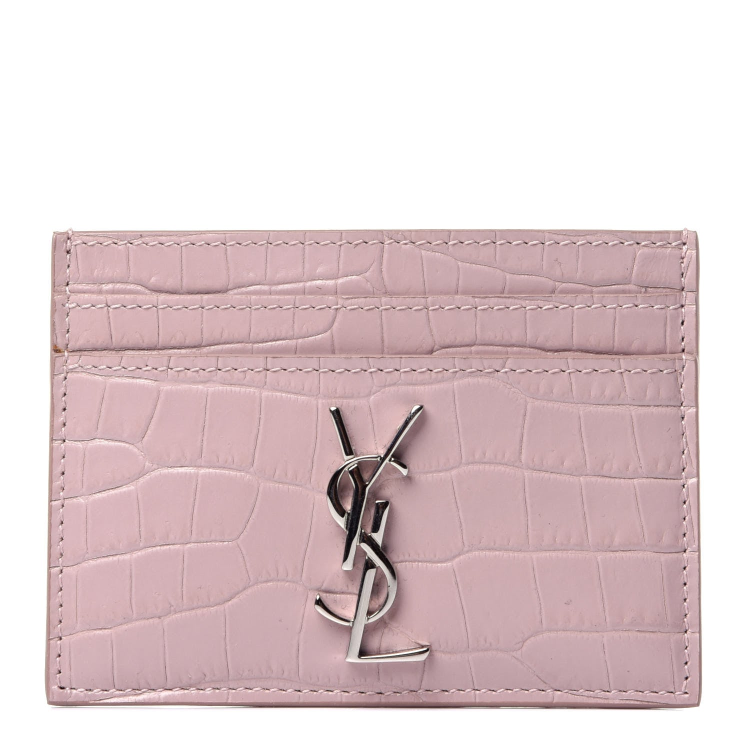 Saint Laurent Calfskin Crocodile Embossed Monogram Card Case Rose Antic 1 of 10