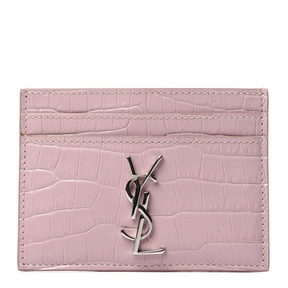 Saint Laurent Calfskin Crocodile Embossed Monogram Card Case Rose Antic 1 of 10