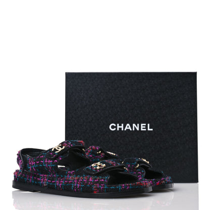 Chanel Wool Tweed Velcro Dad Sandals 41 Black Purple Green Red 16 of 16