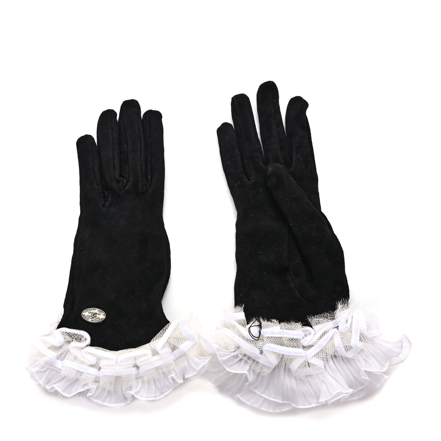 Chanel Suede Lace CC Gloves 8 Black White 1 of 5