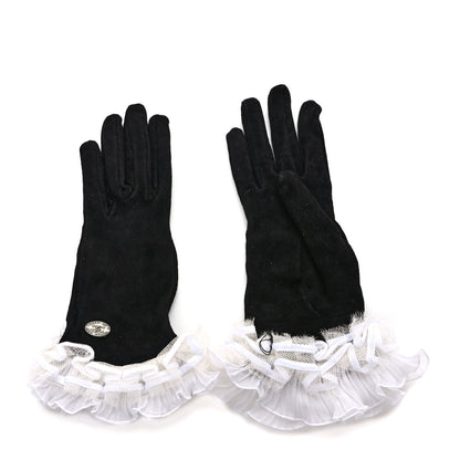 Chanel Suede Lace CC Gloves 8 Black White 1 of 5