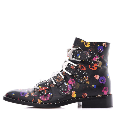 Givenchy Calfskin Studded Pansy Print Elegant Prue Buckle Bootie 39 Black 1 of 9