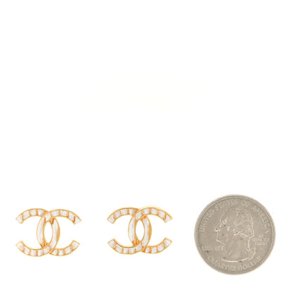 Chanel Metal CC Earrings Gold White 2 of 4
