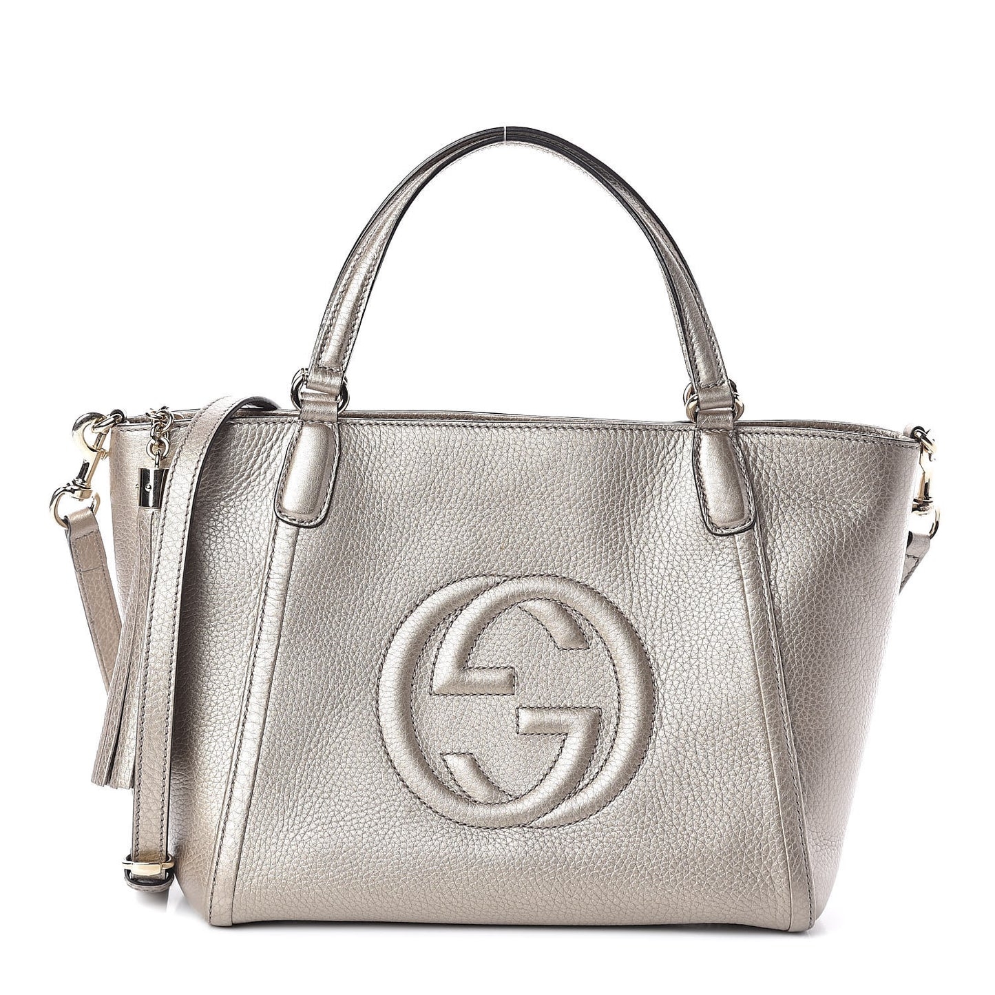 Metallic Pebbled Calfskin Small Soho Top Handle Bag Golden Beige